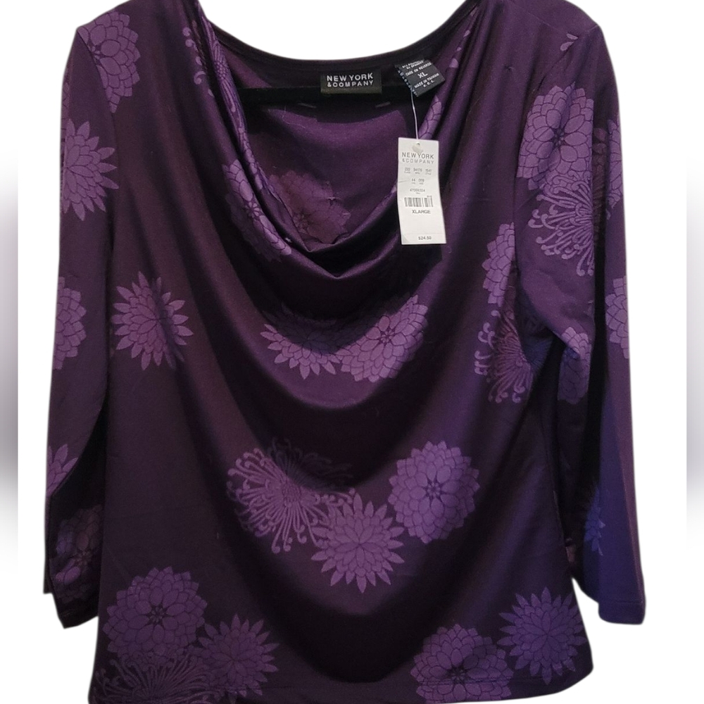 New York & Company Purple Floral Cowl Neck Blouse - Picture 2 of 5